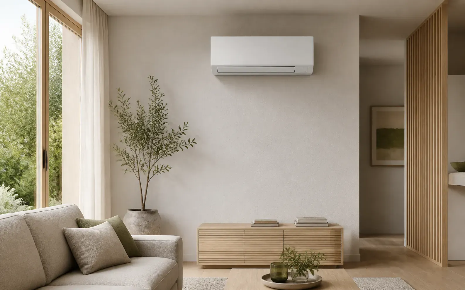 Illustrative living room with a white wall-mounted air-conditioning unit above a wood cabinet.