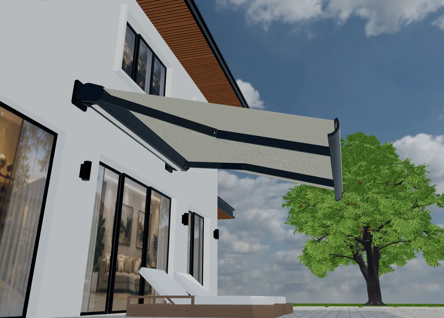 Extended cream-fabric awning with dark folding arms in a 3D terrace scene.