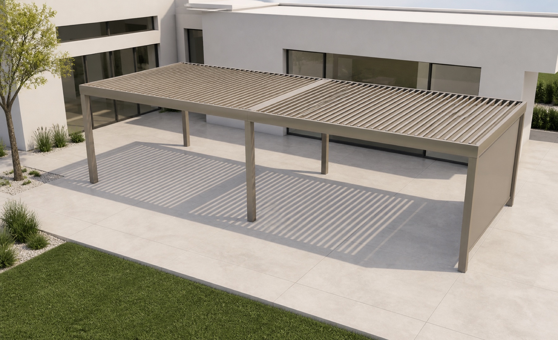 Large two-bay sand-grey bioclimatic pergola with two configurable louvered roof zones