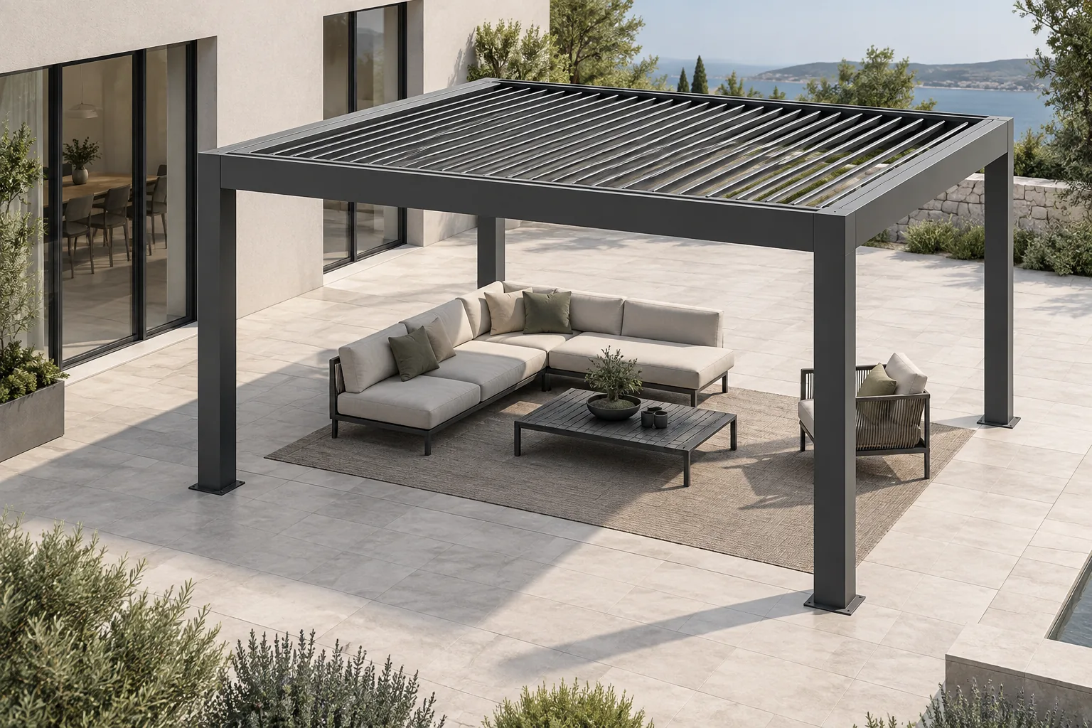 Architectural render of a freestanding four-post anthracite bioclimatic pergola beside a contemporary house