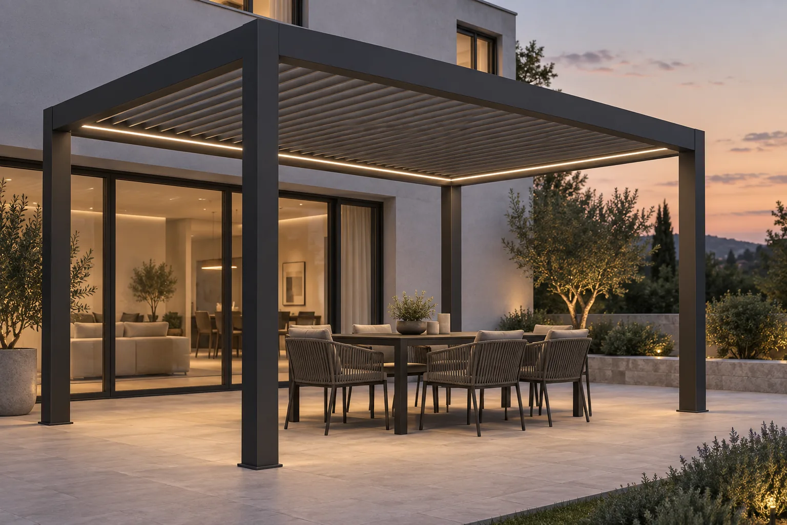 Architectural render of an anthracite bioclimatic pergola with warm perimeter LED lighting over a dining terrace