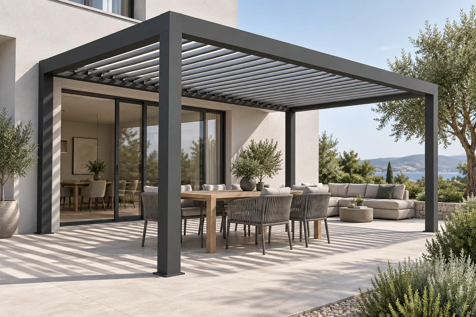 Architectural render of an anthracite bioclimatic pergola with open louvres and striped shade on a pale terrace
