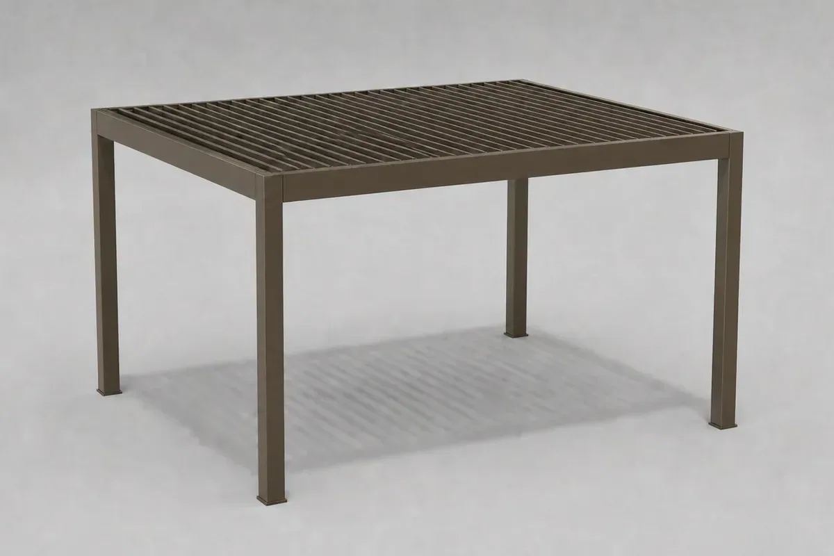 Bronze freestanding pergola with a louvered roof in a neutral 3D product view
