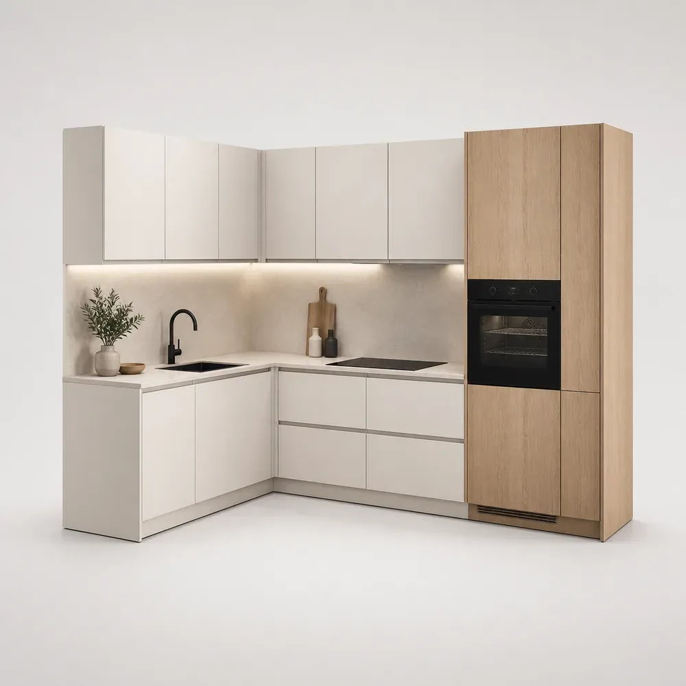 Modular kitchen product view showing cabinets and work surfaces
