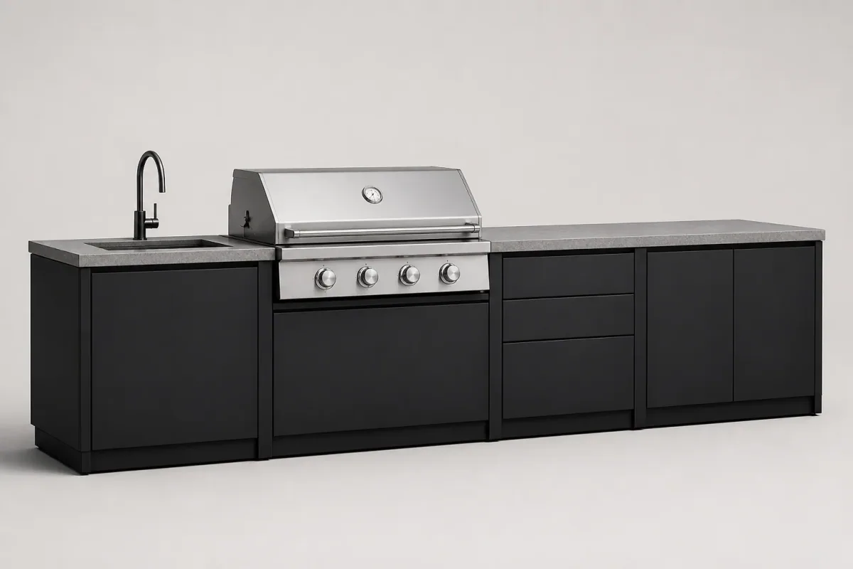 Modelo de produto para cozinha externa com bancadas, armazenamento e equipamento de cozinha
