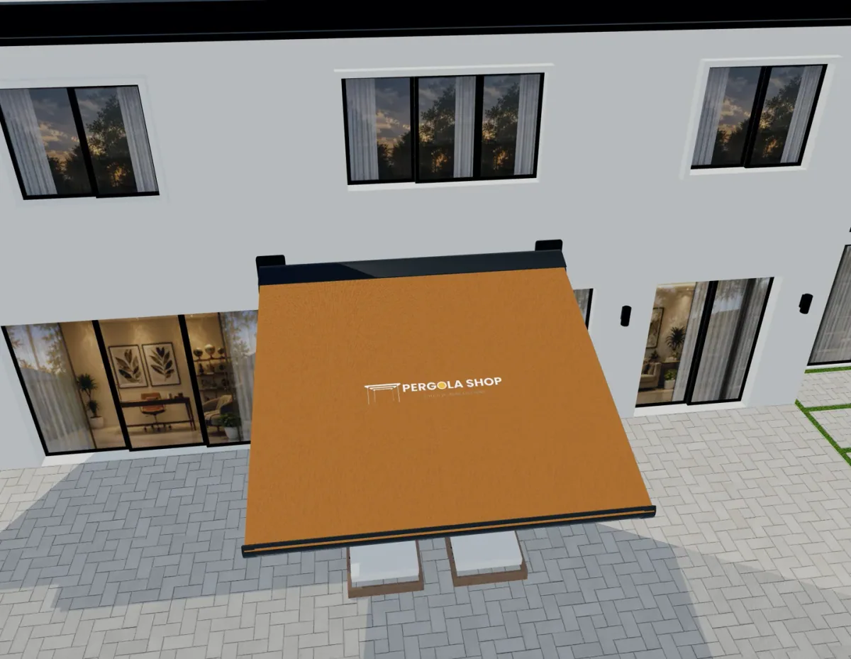 Orange retractable awning fabric with branding on a 3D house exterior