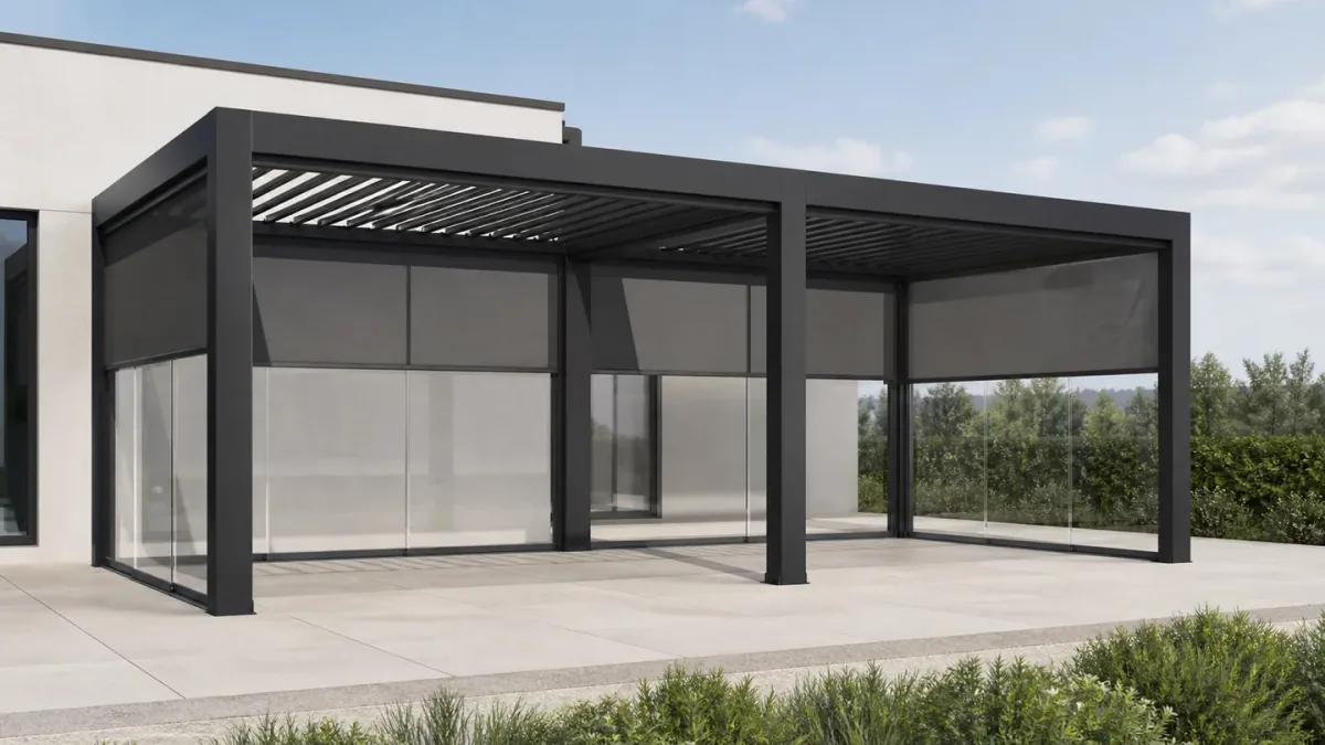 Pérgula multi-bay com laterais de vidro vista do jardim