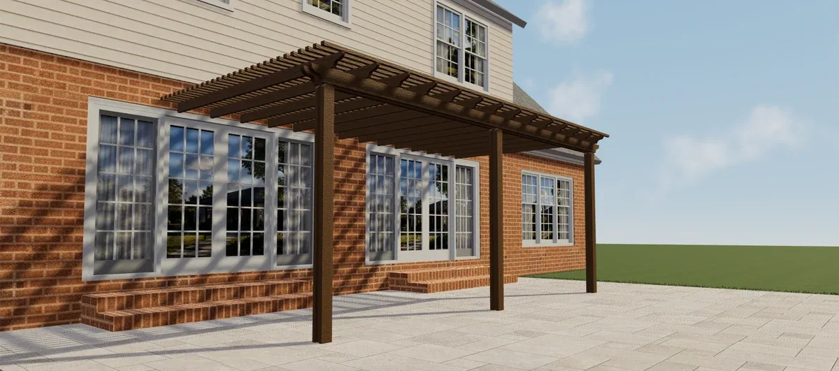 Side view of a brown Elite Aluminum pergola with an open slatted roof