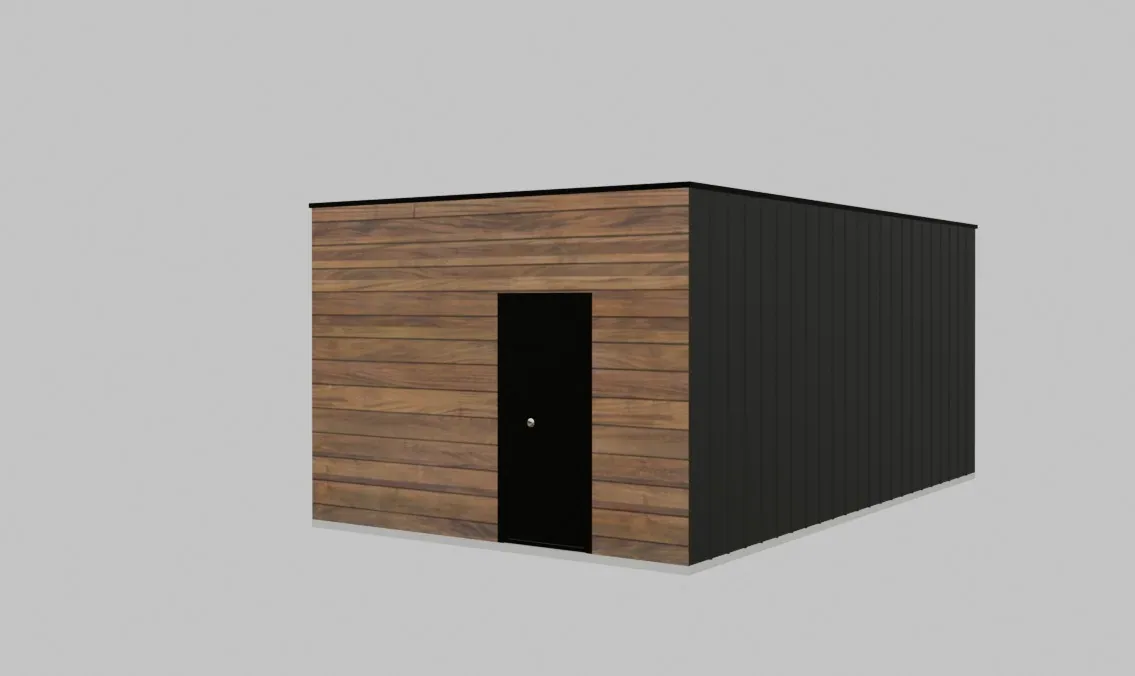Modular home exterior showing the entrance and wall panels
