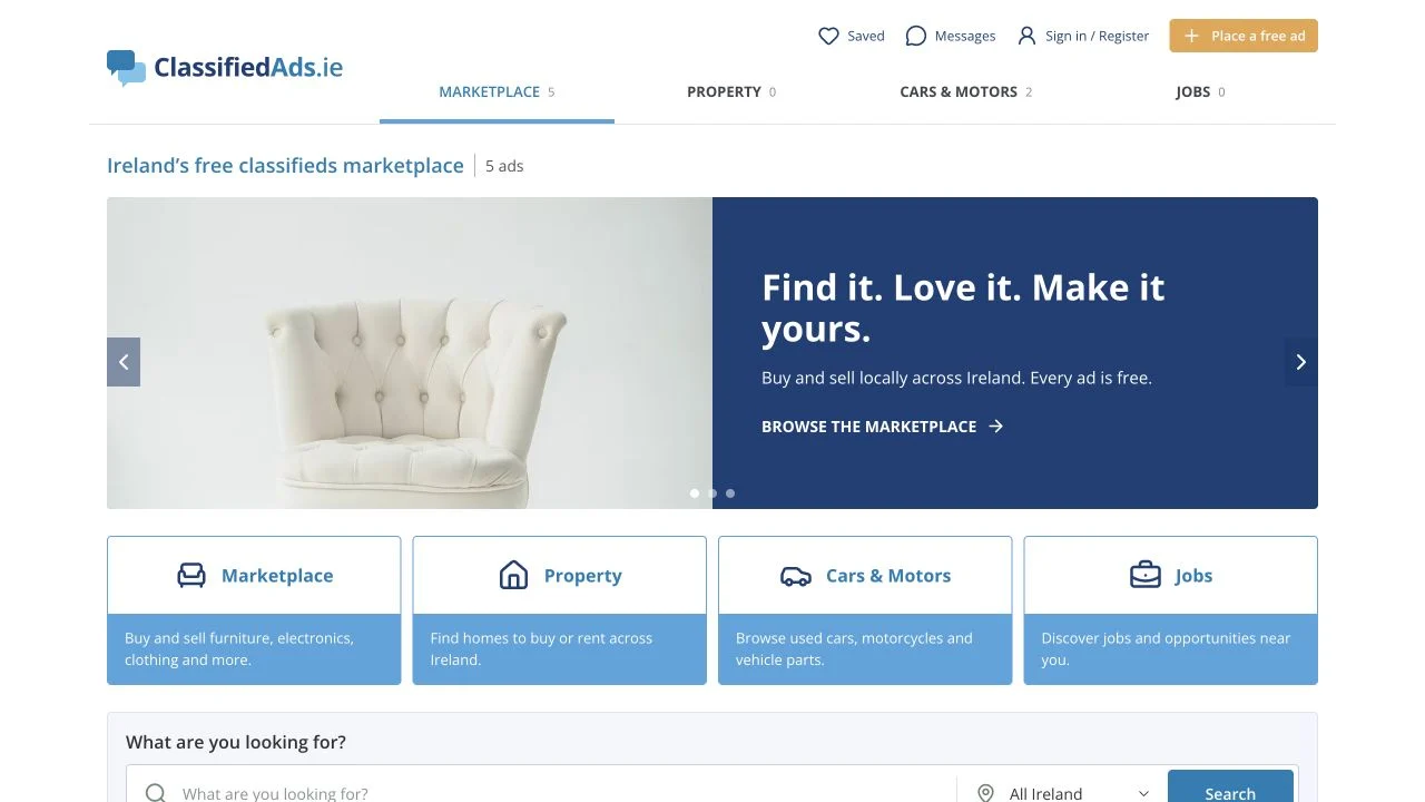 Strona główna ClassifiedAds.ie wyświetlająca bezpłatne irlandzkie ogłoszenia, kategorie lokalnego rynku i obszar wyszukiwania hrabstw