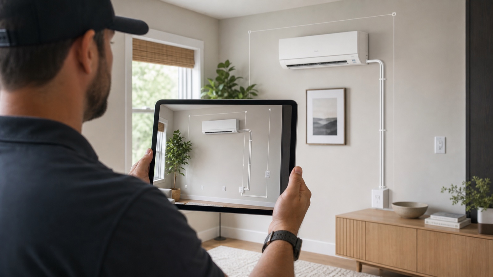 HVAC technician surveying a ductless mini-split installation with 3D measurements on a tablet