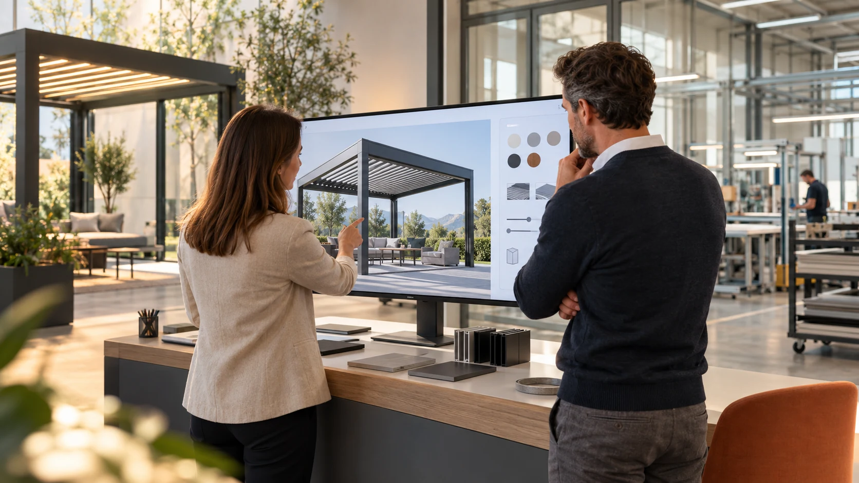 Dois profissionais analisam uma pérgula num configurador de produtos 3D da Configurix dentro de um showroom alemão moderno.