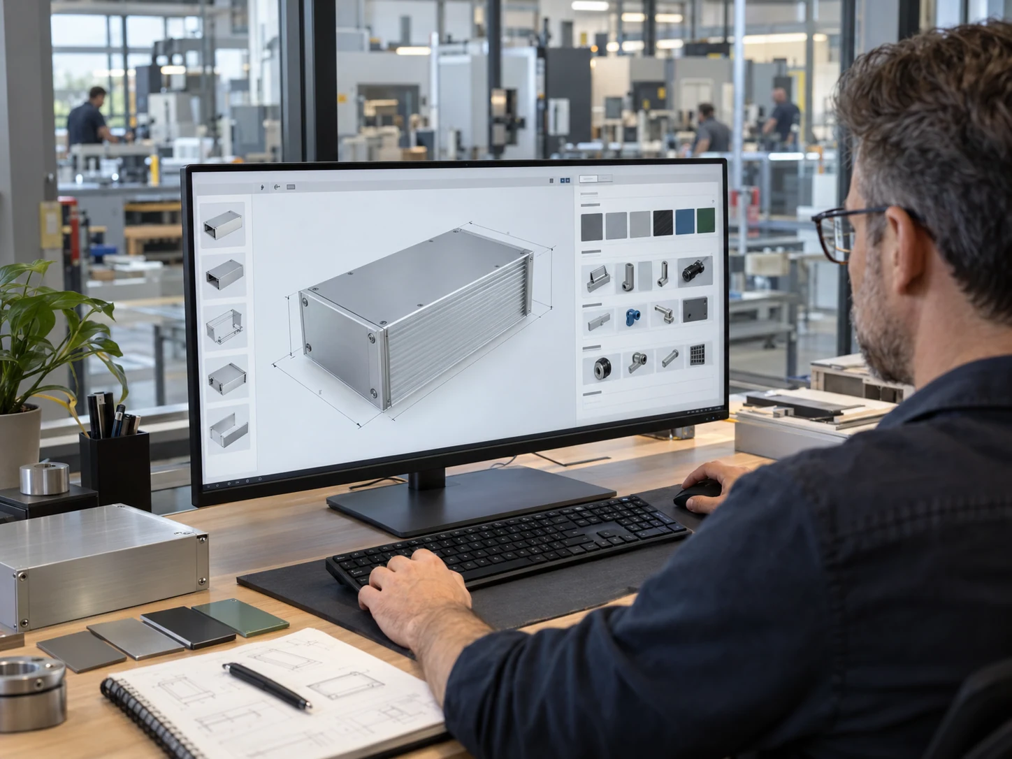 Um engenheiro de produto configura em 3D um invólucro industrial de alumínio ao lado de uma fábrica alemã moderna.