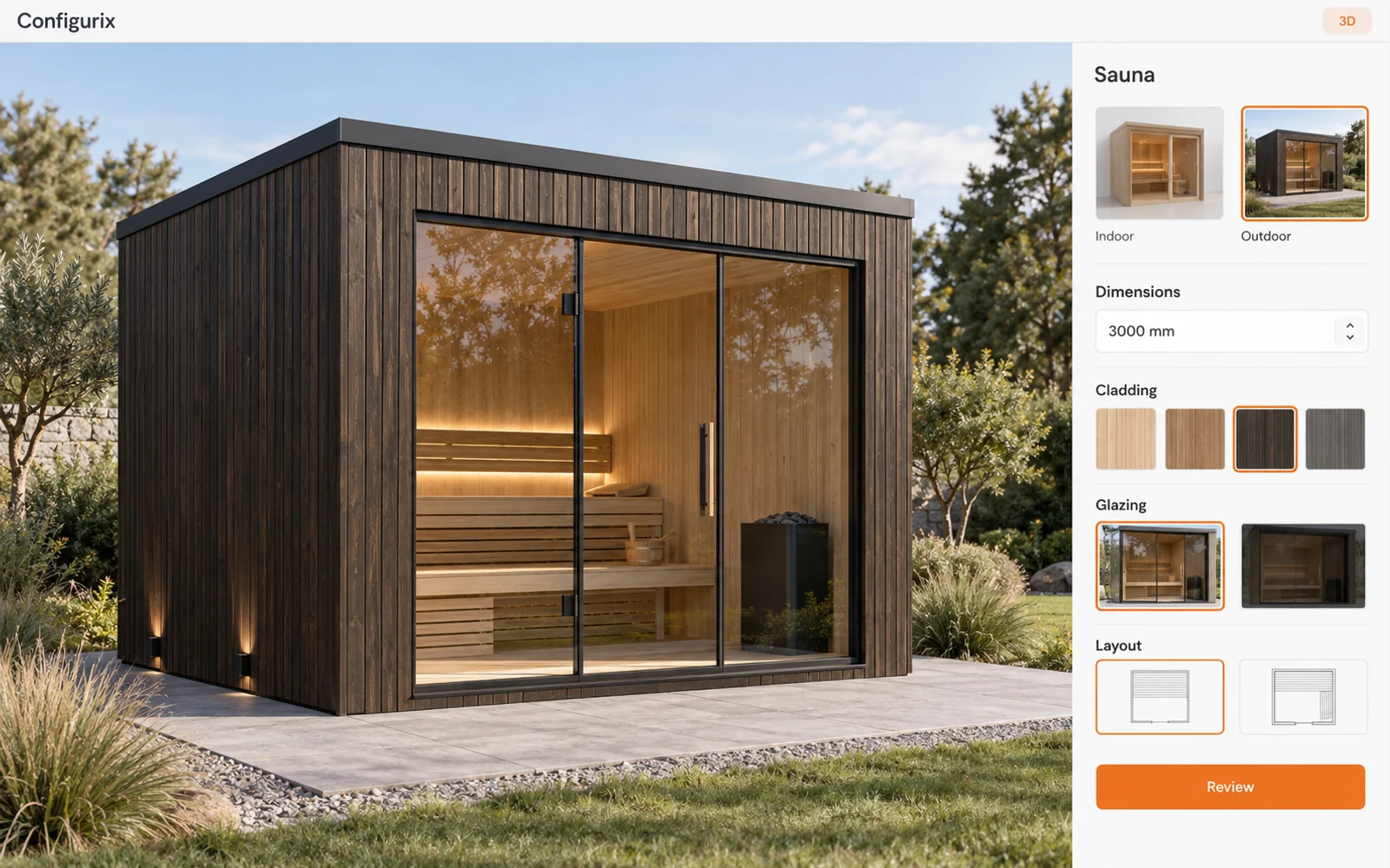 Outdoor sauna configurator illustration with a dark timber cabin, indoor and outdoor options and cladding choices