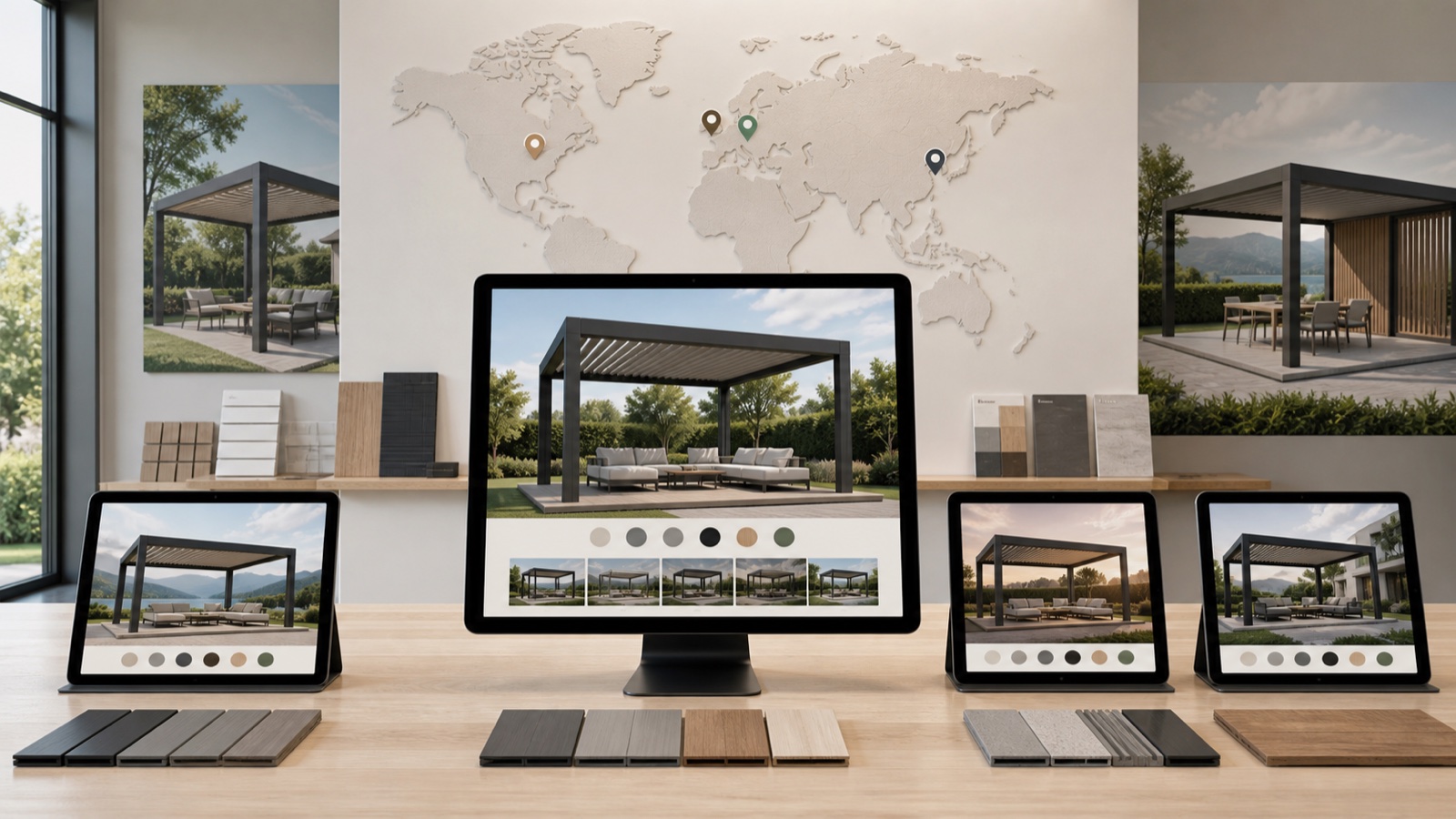 One 3D pergola configurator displayed across a multi-country dealer network
