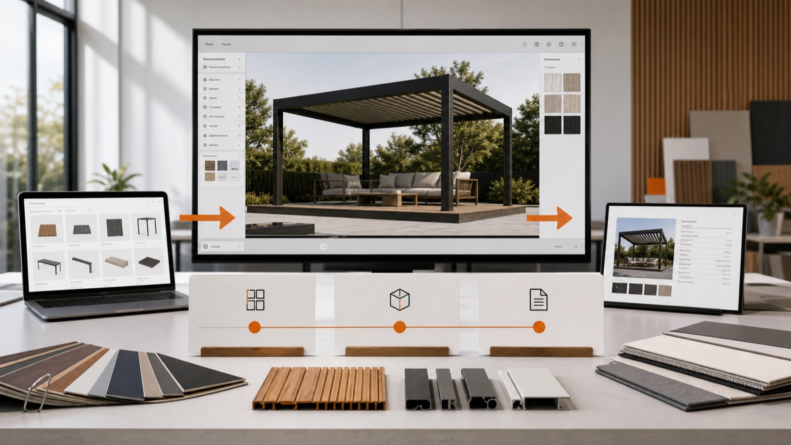 White-label 3D pergola configurator launch workflow from product catalog to customer quote