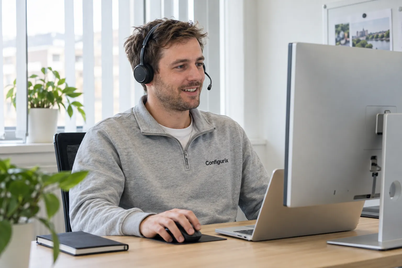 Illustrative Configurix product specialist presenting a live 3D product configurator demo in a bright office