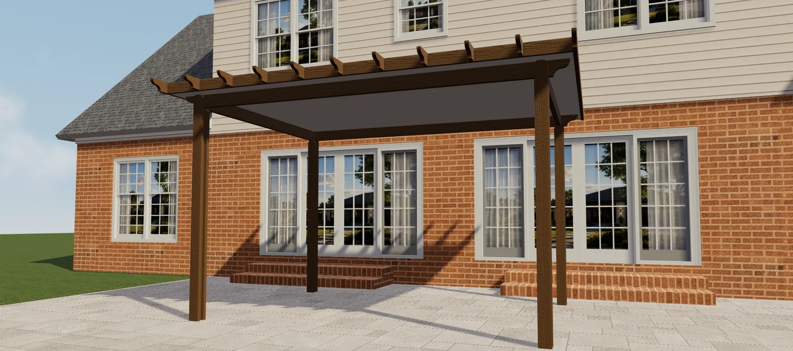 Brown covered Elite Aluminum pergola in front of a brick house shown in a Configurix product view