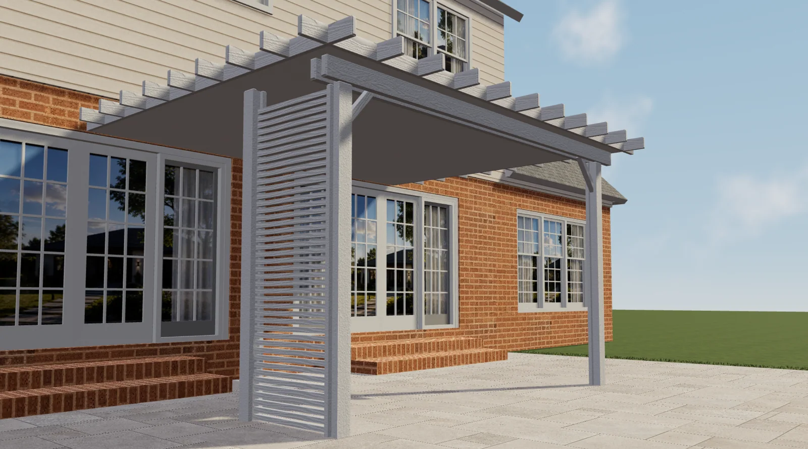Wizualizacja 3D konfiguratora Elite Aluminum: biała pergola z pełnym dachem, ozdobnymi końcami krokwi, ukośnymi wspornikami i ażurową ścianą obok ceglanego domu.