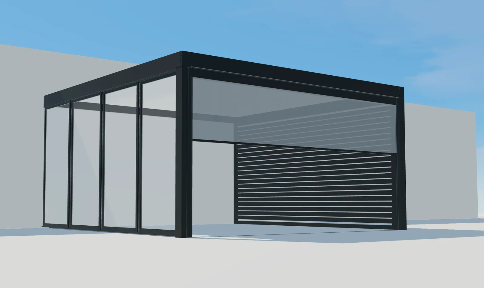 3D-beeld van Pergola Plus met zijbeglazing en een gedeeltelijk neergelaten frontscreen.