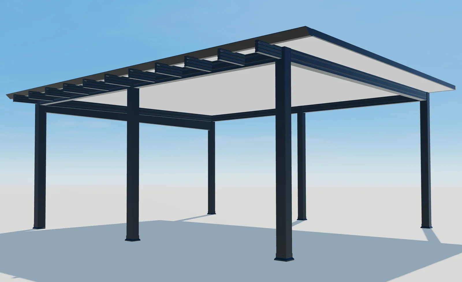 3D-detail van de dakbalken, het donkere frame en de dakpanelen van Pergola Plus.