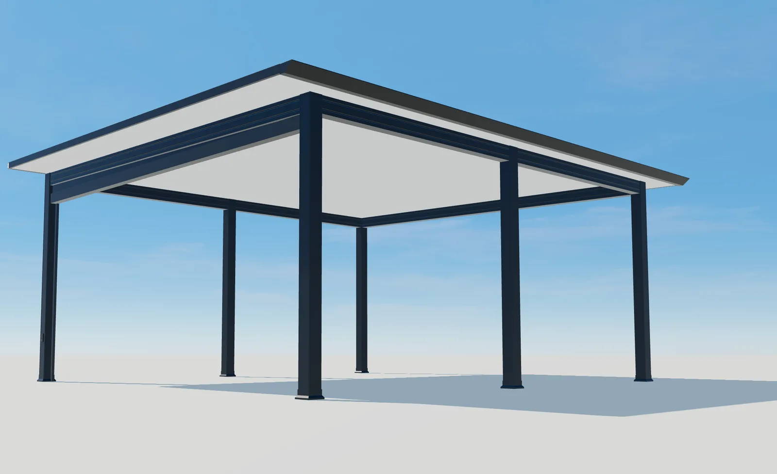 3D-beeld van onderaf van Pergola Plus met donkere staanders en een licht gesloten dak.