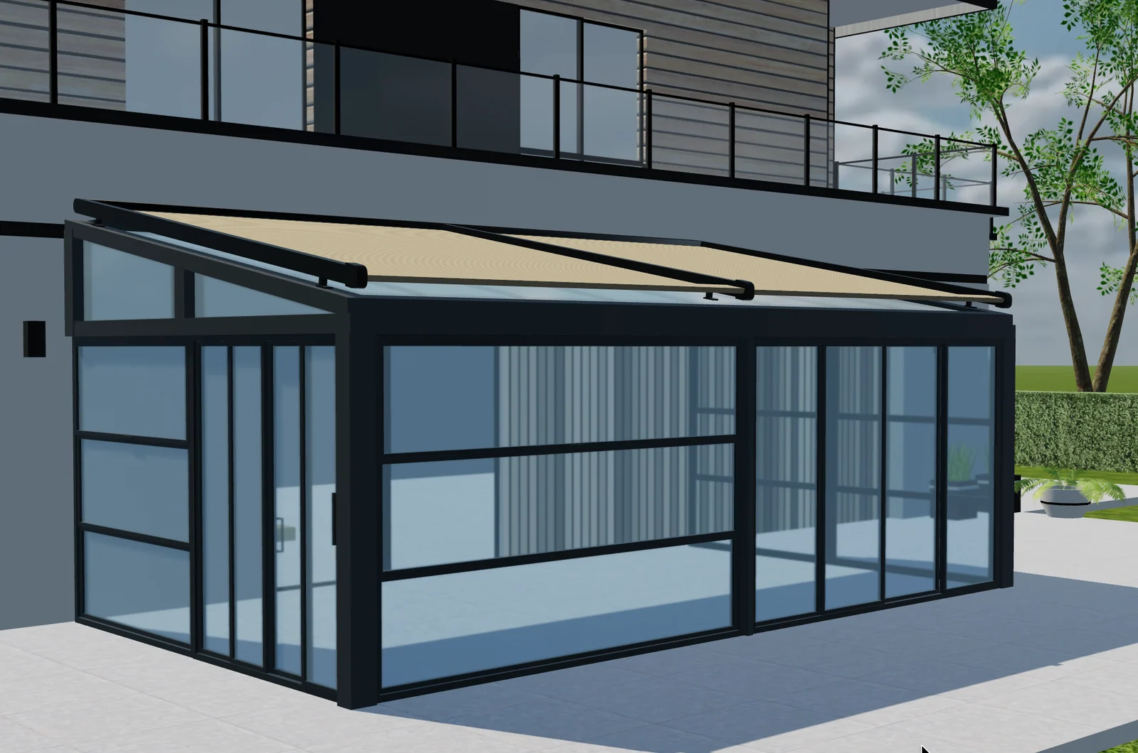 Tenteks Italia glazed garden room with a fabric roof and dark framing in a Configurix 3D view