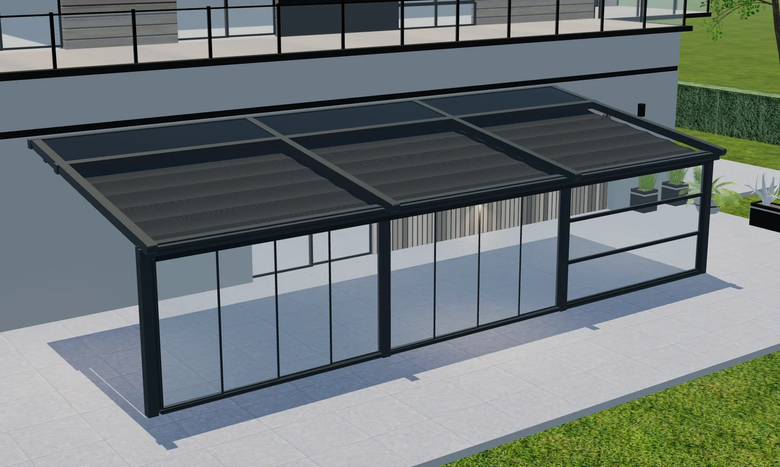 Vista 3D elevada no Configurix de um pergolado Tenteks Italia com várias seções de cobertura e frente envidraçada