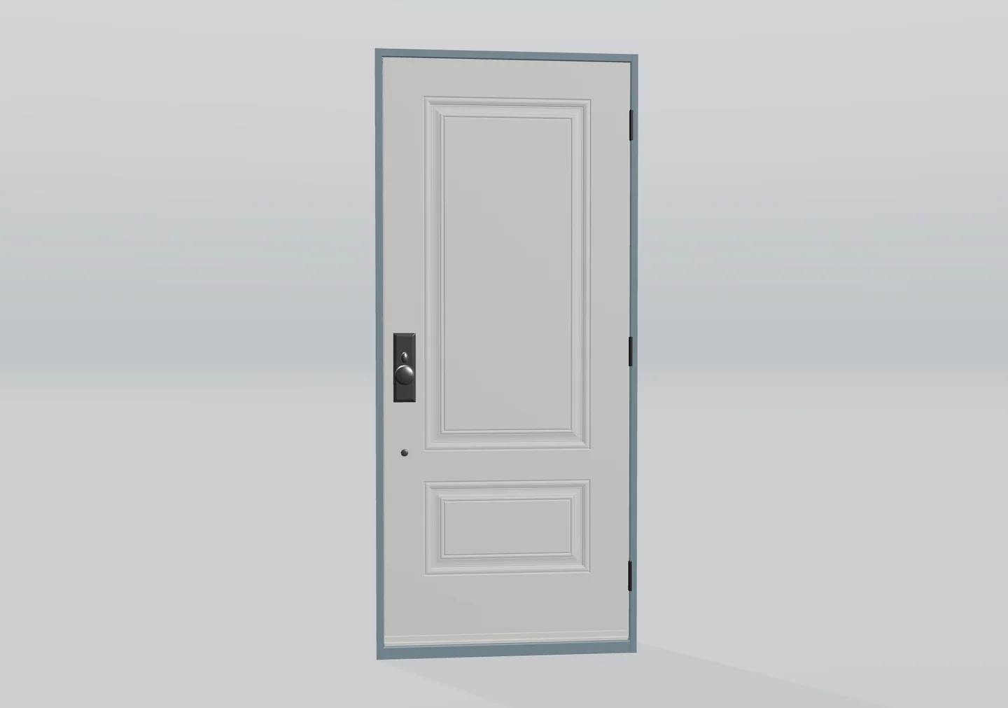 3D single door with two molded panels and a round dark knob mounted on a rectangular backplate.