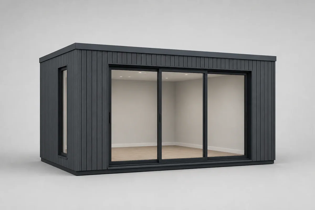 Antracietkleurige tuinkamer met glazen schuifdeuren en verticale bekleding, vooraanzicht