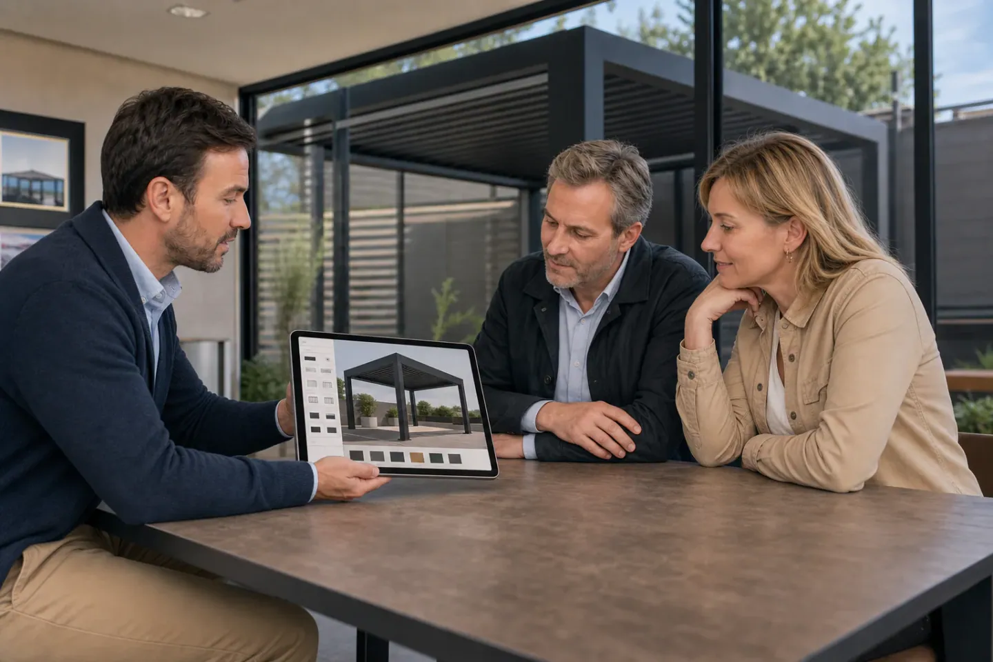 Illustration of a consultant showing a pergola design to a couple on a tablet.