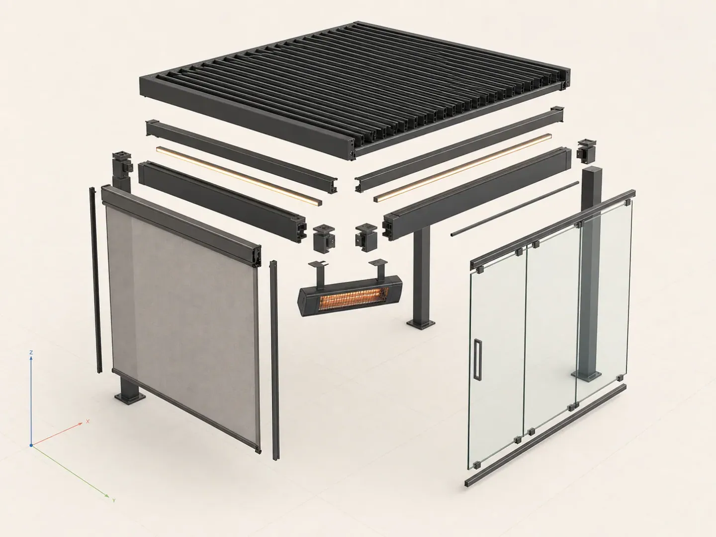 Exploded illustration of a pergola roof, frame, screen, glass panels, lighting and heater.