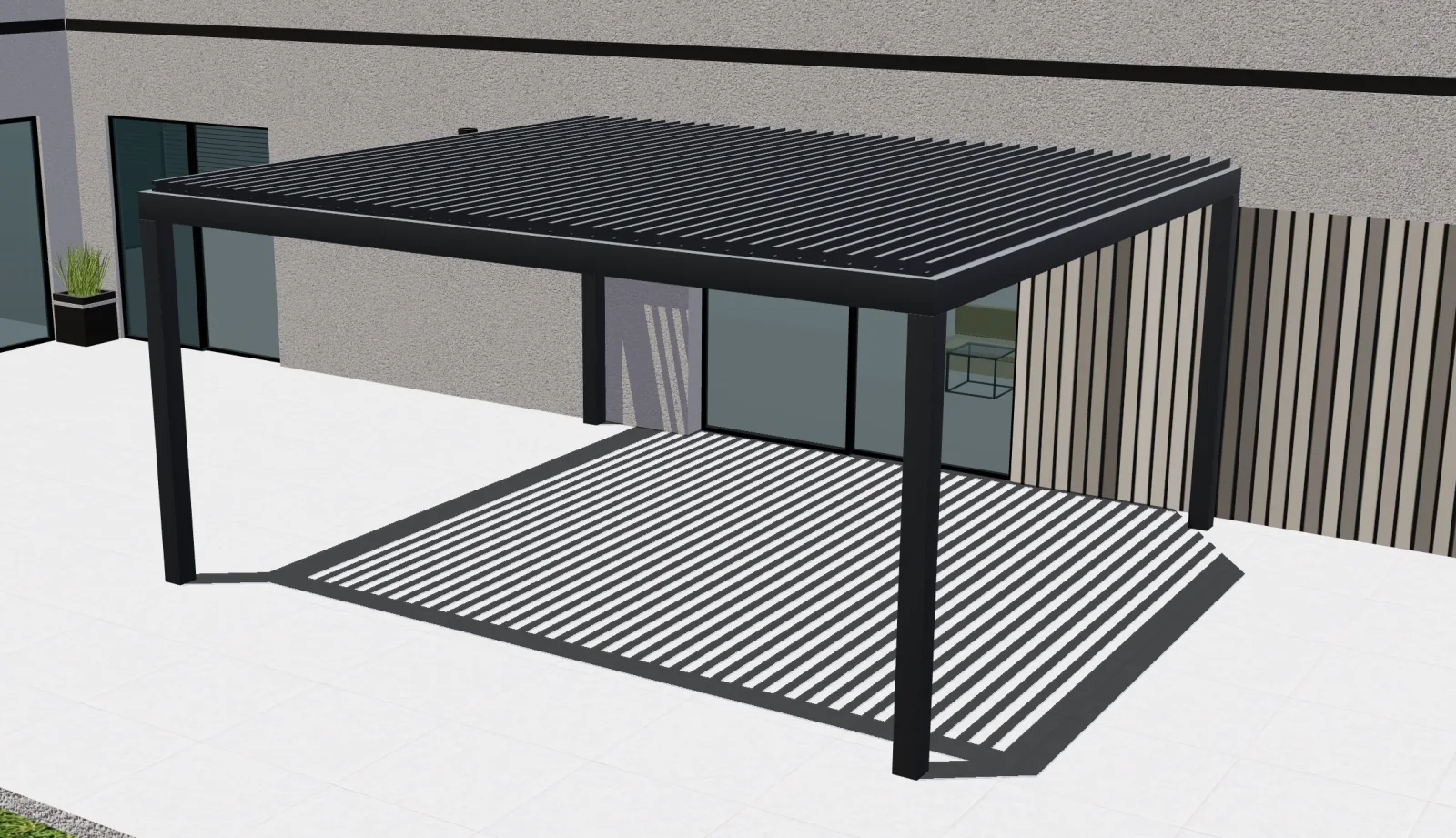 Prévia 3D Configurix de um pergolado bioclimático com lâminas de alumínio abertas