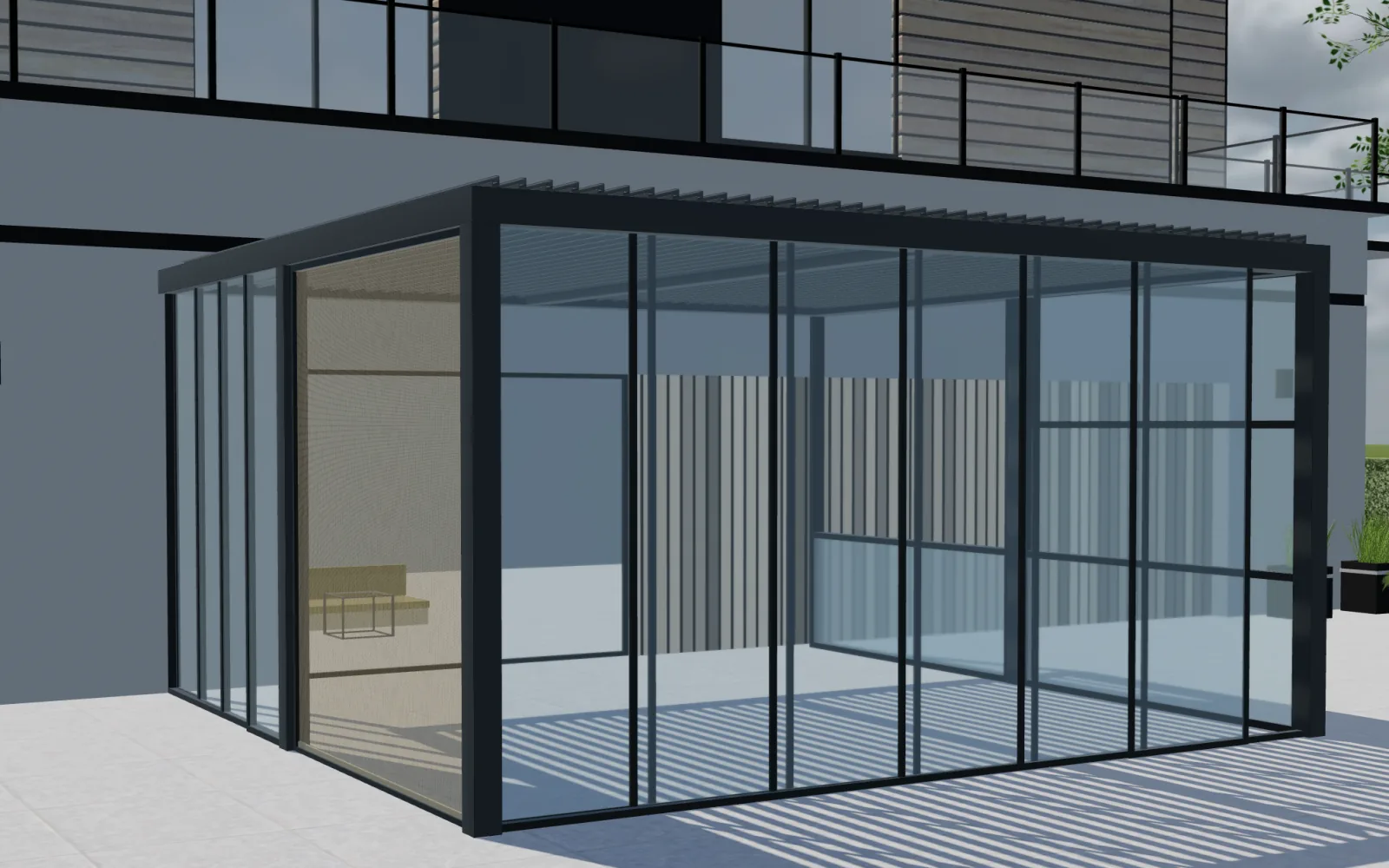 3D pergola configurator showing an anthracite louvered pergola with an open roof and sliding glass wall system