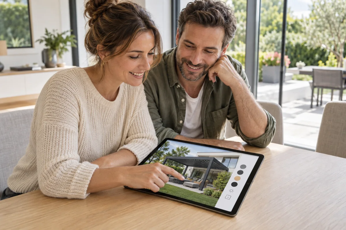 Zadowoleni klienci wybierają pergolę online w interaktywnym konfiguratorze 3D na tablecie.
