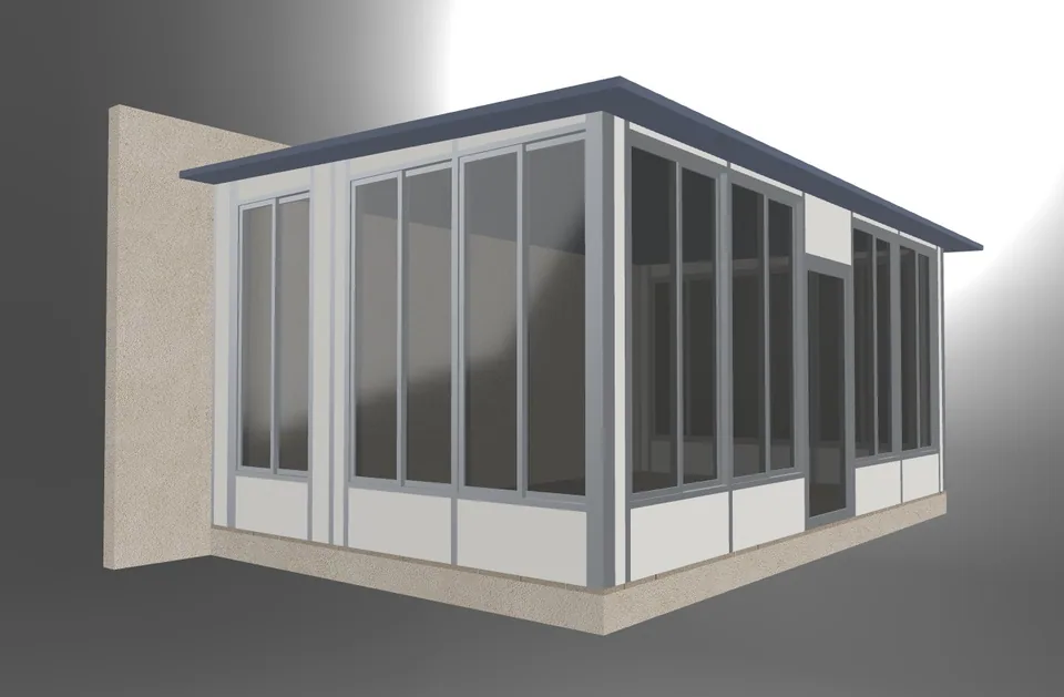 Renderização 3D de uma sala envidraçada com perfis brancos, paredes de vidro e cobertura opaca.