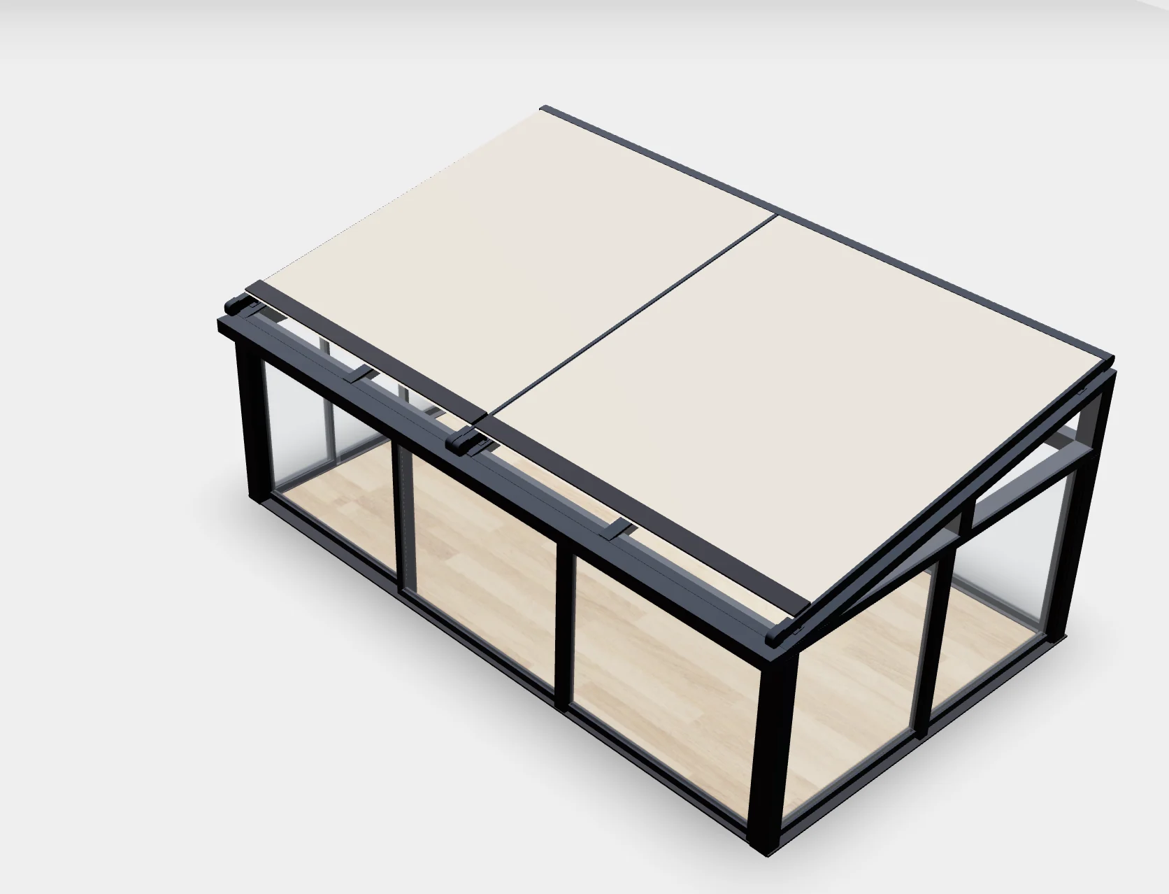3D veranda configurator showing a made-to-measure framed roof and sliding glass walls