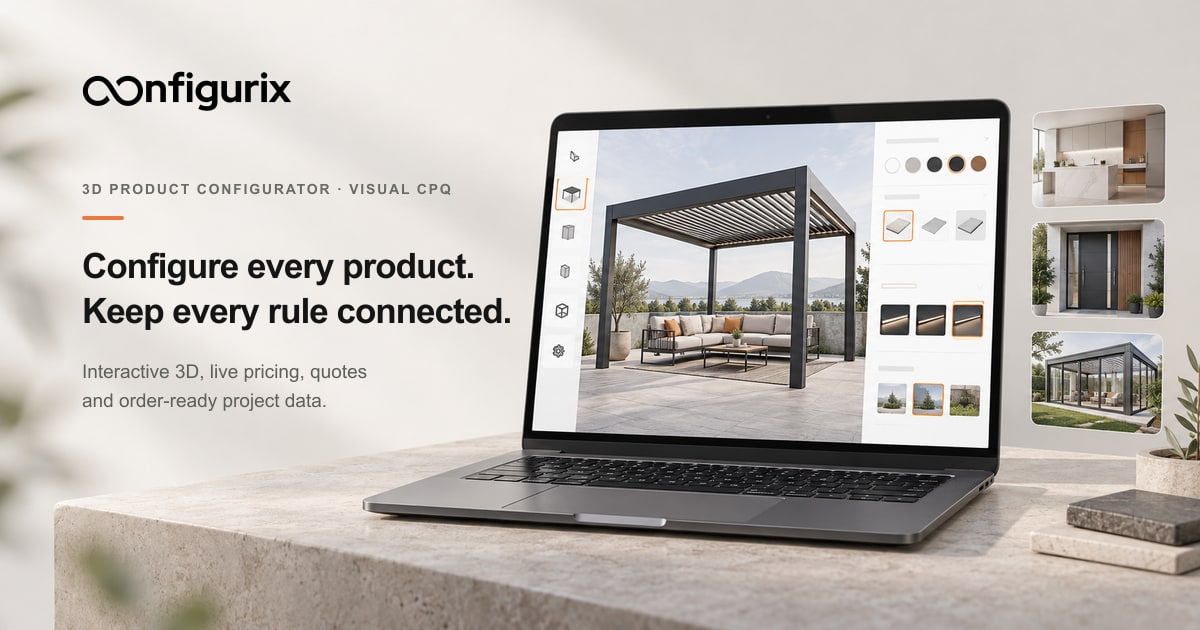 Configurix graphic with a laptop showing a 3D pergola and smaller kitchen, door and sunroom product views